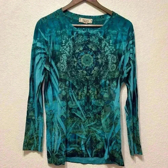Decree Womens L Y2K Geometric Top Teal‎ Tattoo Print Long Sleeve 2000s Grunge - Picture 1 of 9